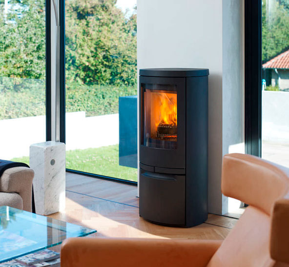 A freestanding stove in a bright contemporary room