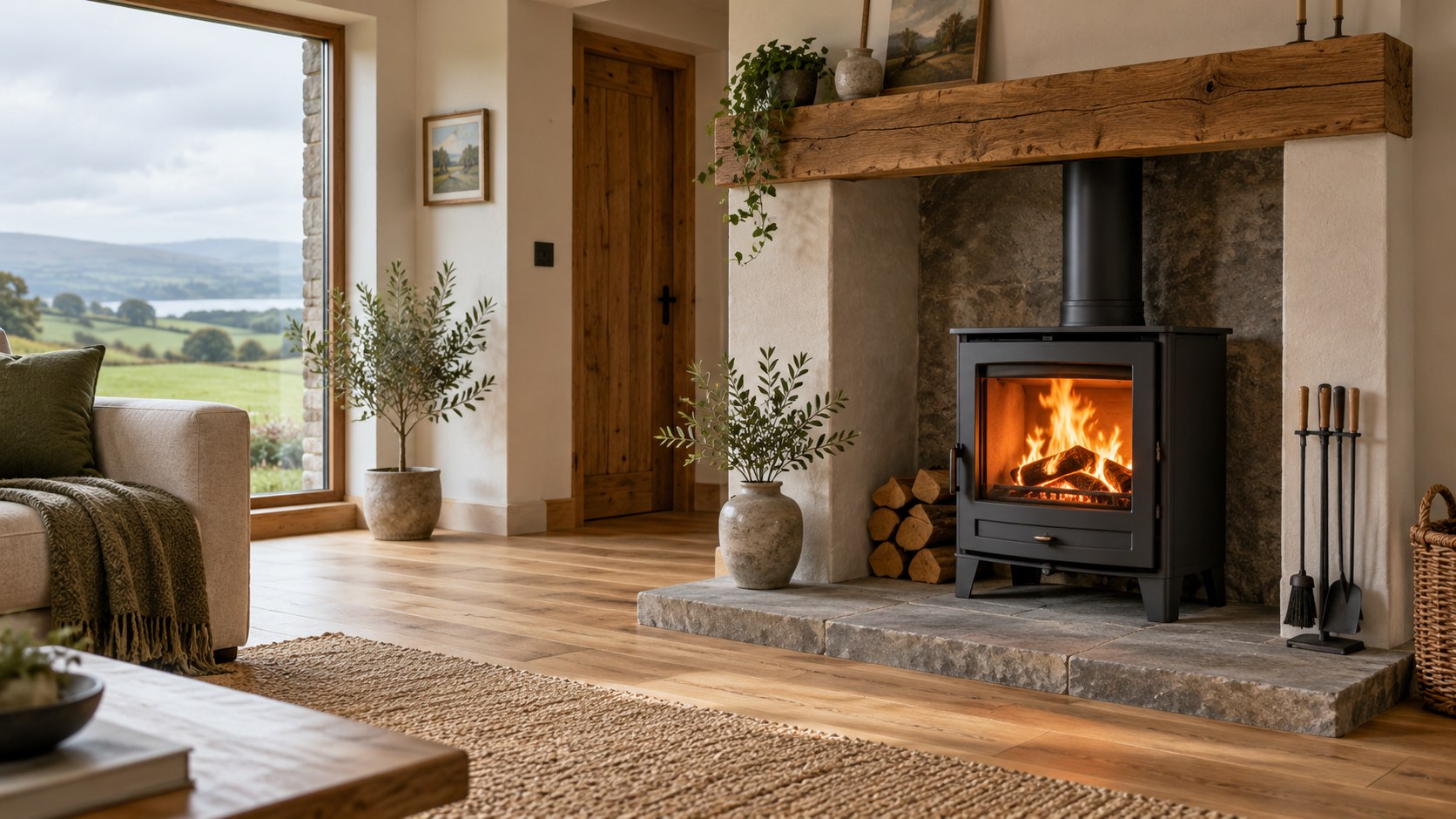 A contemporary stove burning in a bright Irish country home